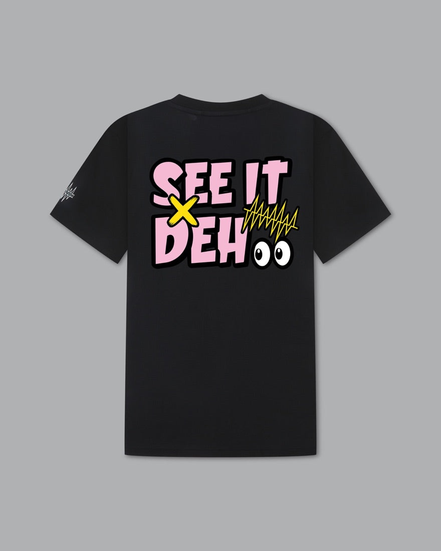 Black tee, back: SEE IT DEH artwork.