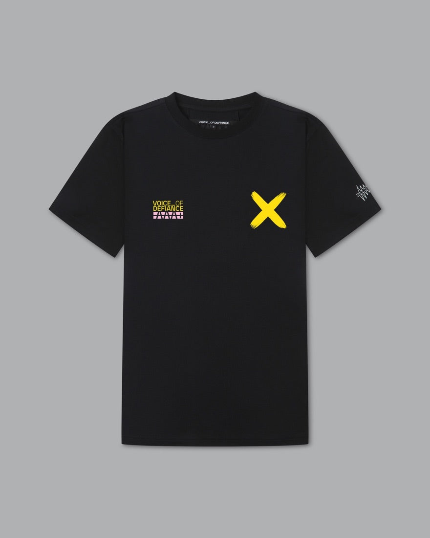Black tee, front: Voice_Of Defiance AAA+ mark left chest, yellow X right chest.