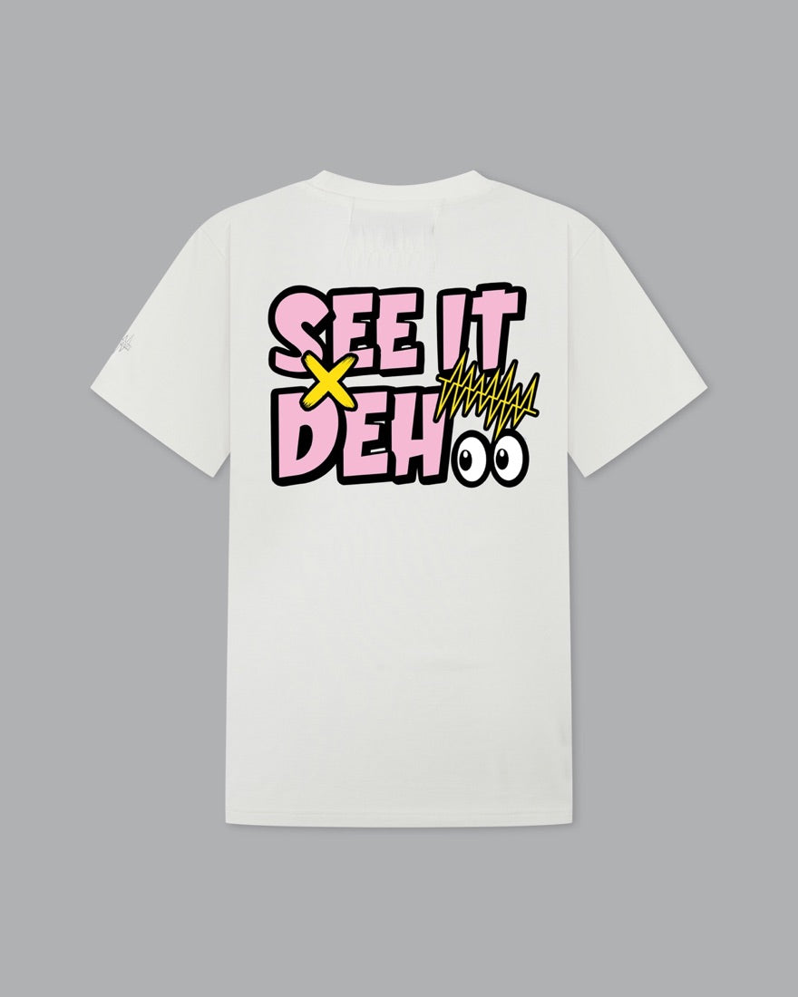 White tee, back: SEE IT DEH artwork.